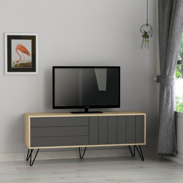 Meuble TV en chêne anthracite avec deux portes battantes Piccadilly 139x36x57 Meuble TV en chêne anthracite avec deux portes battantes Piccadilly 139x36x57