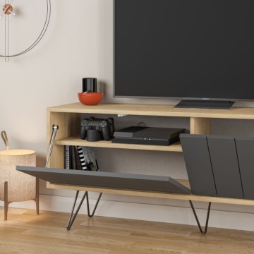 Meuble TV en chêne anthracite avec deux portes battantes Piccadilly 139x36x57