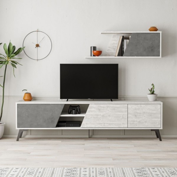 Fiona 180X35.6X48 meuble TV en béton blanc vintage avec étagère murale Fiona 180X35.6X48 meuble TV en béton blanc vintage avec étagère murale