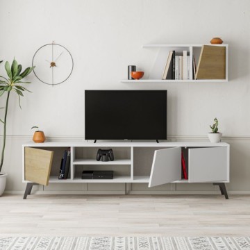 Fiona meuble TV en chêne blanc 180X35,6X48 avec étagère murale