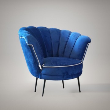 Fauteuil coquille Orel en velours bleu marine avec bord blanc