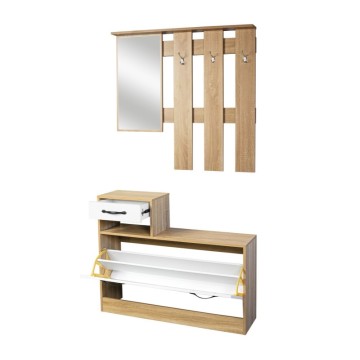 Meuble d'entrée 100 cm avec miroir et meuble à chaussures en chêne et blanc brillant - Rudolf