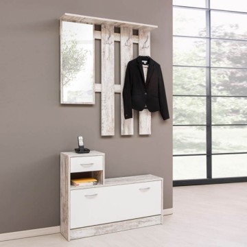 Meuble d'entrée 100x180H cm avec miroir et portemanteau en blanc usé - Rudolf