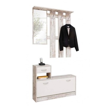 Meuble d'entrée 100x180H cm avec miroir et portemanteau en blanc usé - Rudolf