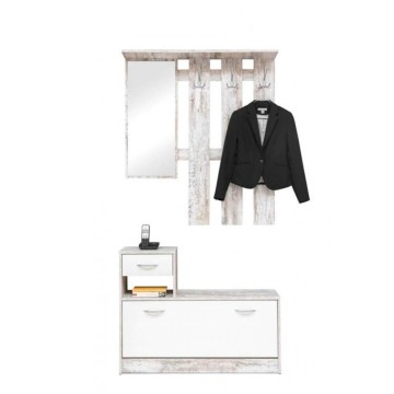Meuble d'entrée 100x180H cm avec miroir et portemanteau en blanc usé - Rudolf