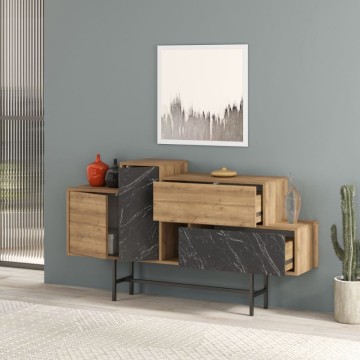 Buffet en bois naturel avec portes et tiroirs effet marbre noir Hermes 160