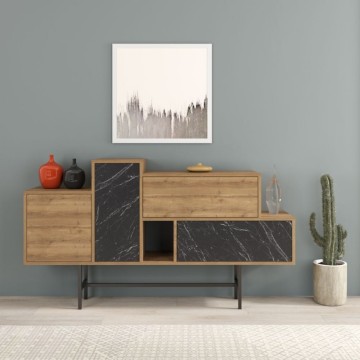 Buffet en bois naturel avec portes et tiroirs effet marbre noir Hermes 160