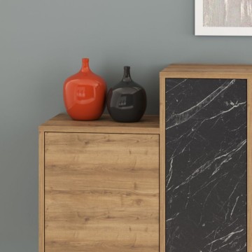 Buffet en bois naturel avec portes et tiroirs effet marbre noir Hermes 160