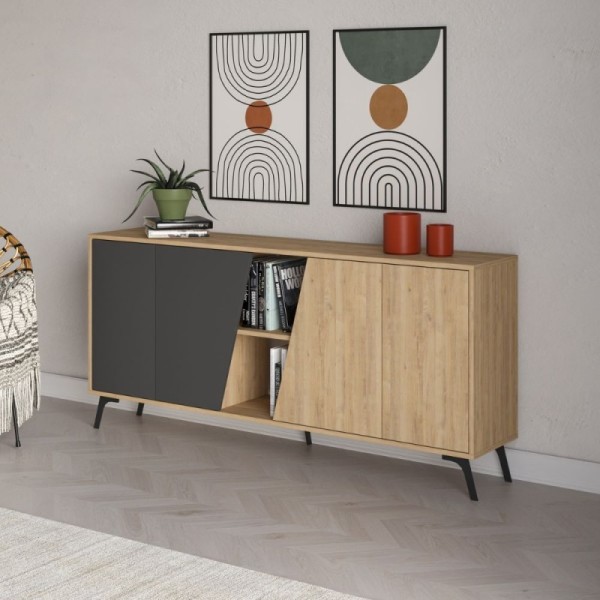 Buffet chêne et anthracite 4 portes Fiona 180x35,6x82H Buffet chêne et anthracite 4 portes Fiona 180x35,6x82H