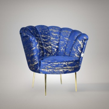Fauteuil Orel en velours bleu et coquille à motifs dorés