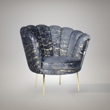 Fauteuil Orel en velours anthracite et coquille à motifs dorés
