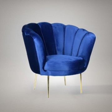 Fauteuil Orel à coquille babyface en velours bleu et pieds dorés