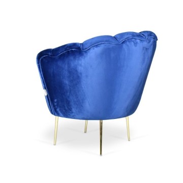Fauteuil Orel à coquille babyface en velours bleu et pieds dorés