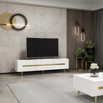 Meuble TV 3 portes blanc Jose gold details 180x42x50h