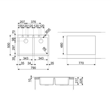Smeg VZ3434P panna évier à encastrer 2 cuves 79x50
