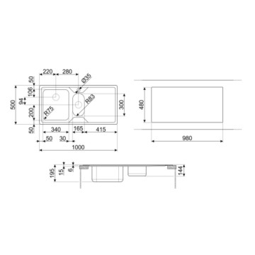 Smeg LP102D2 évier semi-encastré en acier inoxydable avec 2 cuves et égouttoir à droite 100x50