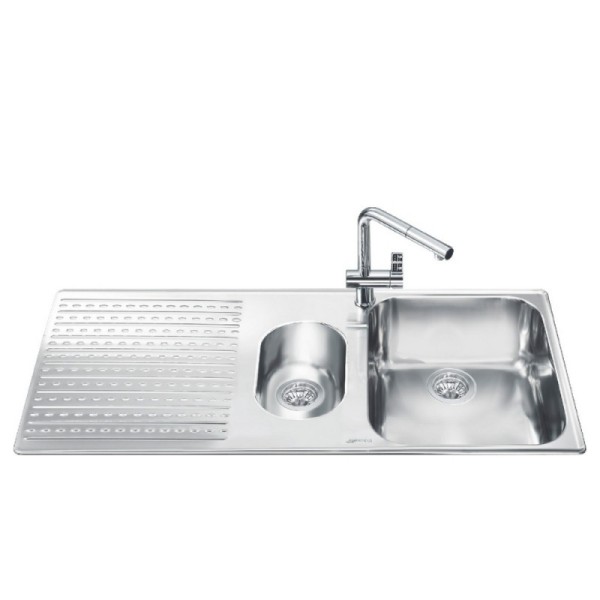 Smeg LTS102S2 évier encastrable 2 cuves en acier inoxydable brossé avec égouttoir à gauche 100x50 Smeg LTS102S2 évier encastrable 2 cuves en acier inoxydable brossé avec égouttoir à gauche 100x50
