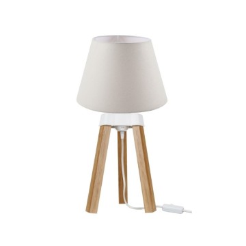 Lampe à poser sur trépied en chêne et abat-jour en tissu blanc PIKORO2632