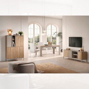Meuble de rangement 4 portes double coloris cachemire et chêne cadiz Brando 110x43x150H