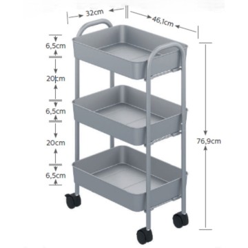 Chariot de cuisine 3 étagères en métal noir avec roues Tier 45.5x32x76.4H