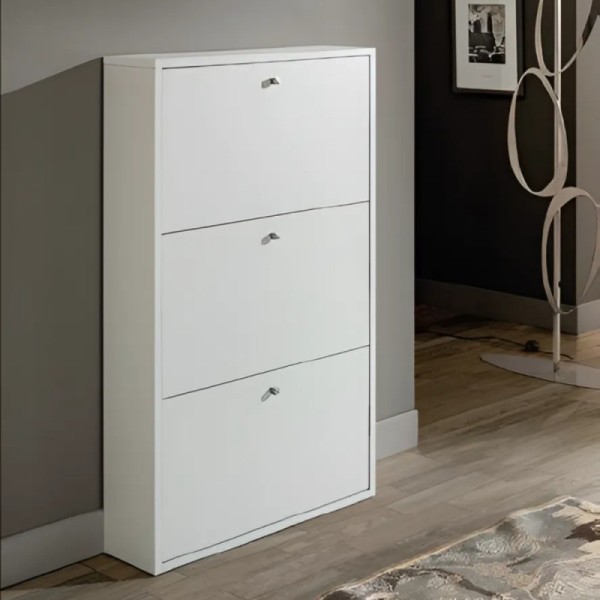 Meuble à chaussures gain de place 3 portes battantes en blanc mat Virginia 68x18x110H Meuble à chaussures gain de place 3 portes battantes en blanc mat Virginia 68x18x110H