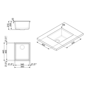 Smeg VZUM40CT Evier sous plan à une cuve 38x44 béton