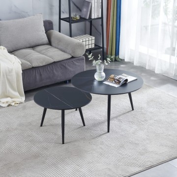 Set de 2 tables basses avec plateau en céramique noir poli effet marbre et pieds BICOLOR noirs