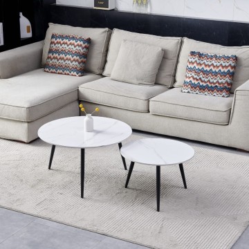 Set de 2 tables basses, plateau en céramique blanc brillant effet marbre et pieds BICOLOR noirs