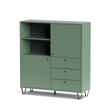 Buffet à portes, tiroirs et compartiment ouvert vert ALDO6 123,6x40x135H