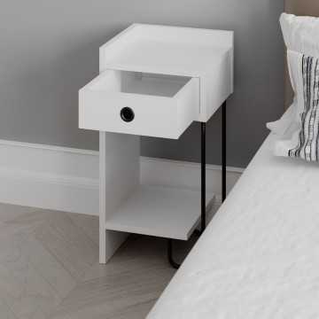 Table de chevet Sirius blanche avec tiroir et pied gauche en métal noir