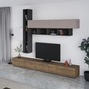 Unité murale Fashion blanc et gris tourterelle anthracite noyer 275x40x205H