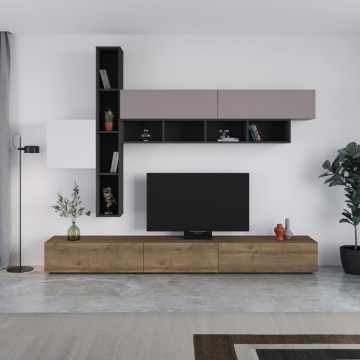 Unité murale Fashion blanc et gris tourterelle anthracite noyer 275x40x205H