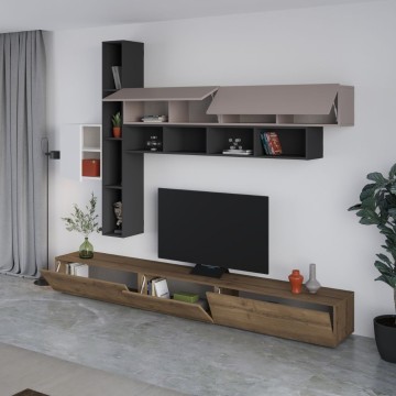 Unité murale Fashion blanc et gris tourterelle anthracite noyer 275x40x205H
