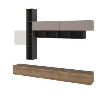 Unité murale Fashion blanc et gris tourterelle anthracite noyer 275x40x205H