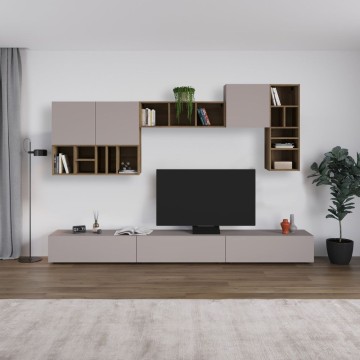Mur de rangement en noyer couleur tourterelle Grand 300x32.5x192H