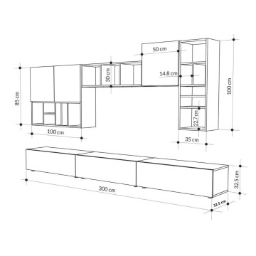Mur de rangement en noyer couleur tourterelle Grand 300x32.5x192H