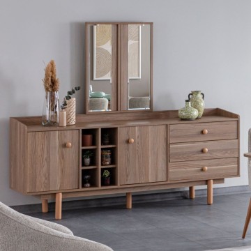 Buffet 2 portes et 3 tiroirs avec compartiments ouverts chêne miel Dolce 206x45x85H
