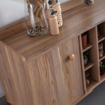 Buffet 2 portes et 3 tiroirs avec compartiments ouverts chêne miel Dolce 206x45x85H