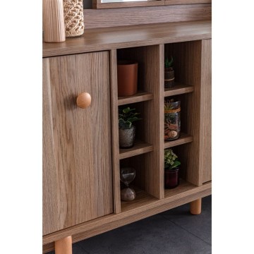 Buffet 2 portes et 3 tiroirs avec compartiments ouverts chêne miel Dolce 206x45x85H