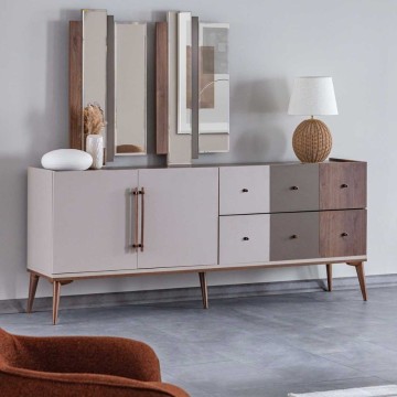 Buffet 2 portes et 6 tiroirs en noyer beige et café foncé Pastel 195x45x81H