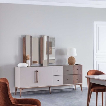 Buffet 2 portes et 6 tiroirs en noyer beige et café foncé Pastel 195x45x81H