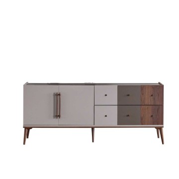 Buffet 2 portes et 6 tiroirs en noyer beige et café foncé Pastel 195x45x81H