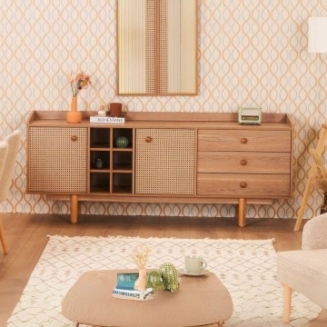 Buffet 2 portes effet osier avec tiroirs et compartiments ouverts finition chêne miel Natura 206x45x86H