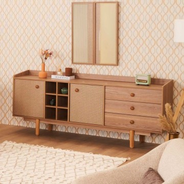 Buffet 2 portes effet osier avec tiroirs et compartiments ouverts finition chêne miel Natura 206x45x86H