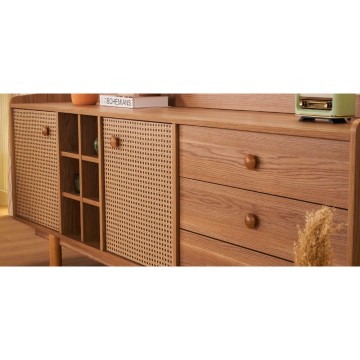 Buffet 2 portes effet osier avec tiroirs et compartiments ouverts finition chêne miel Natura 206x45x86H