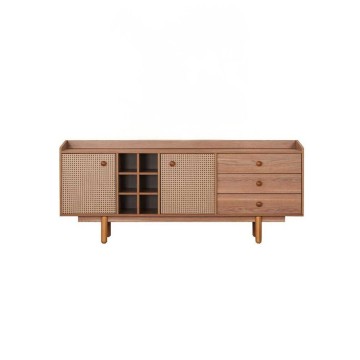 Buffet 2 portes effet osier avec tiroirs et compartiments ouverts finition chêne miel Natura 206x45x86H