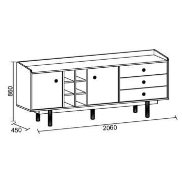 Buffet 2 portes effet osier avec tiroirs et compartiments ouverts finition chêne miel Natura 206x45x86H