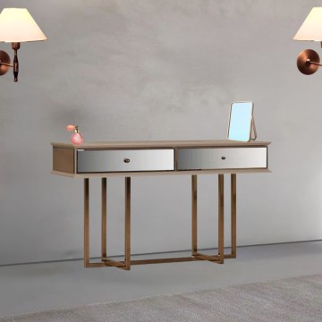 Commode Eliza pieds or et 2 tiroirs finition crème vizon 140.5x45.5x80.3H