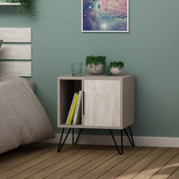 Table de nuit Glynn en blanc gris tourterelle avec porte et compartiment ouvert