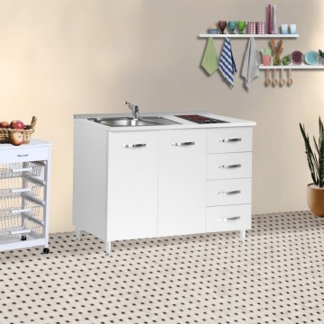 Kitchenette 120 avec tiroirs, évier blanc mélèze et plaque vitrocéramique 120x60x85H
